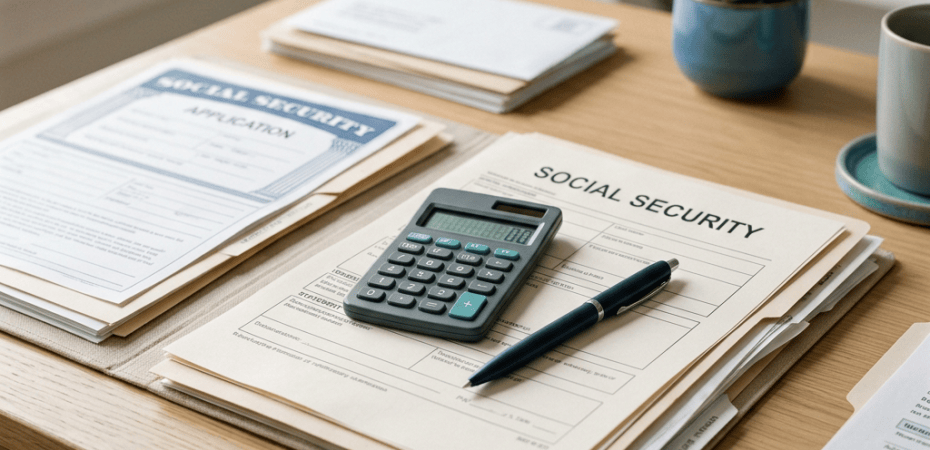 Social Security application forms with calculator and pen on desk