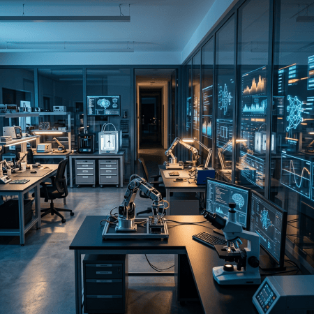 Futuristic robotics laboratory with robotic arms, microscopes, and data screens