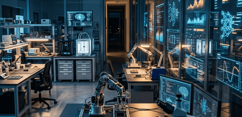 Futuristic robotics laboratory with robotic arms, microscopes, and data screens