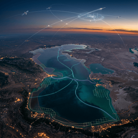 Aerial lake landscape with satellite network and colored planning overlays