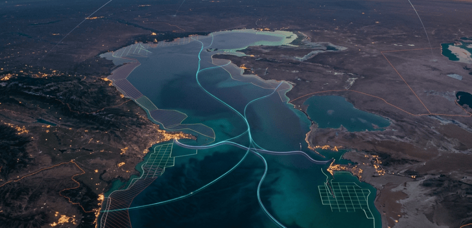 Aerial lake landscape with satellite network and colored planning overlays