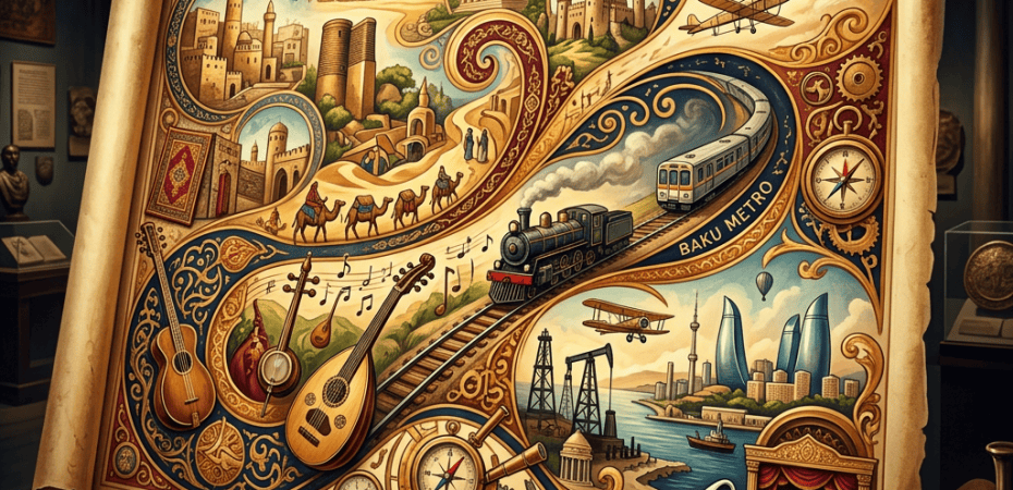 Illustrated scroll map labeled BAKU METRO with landmarks, trains, and airplanes