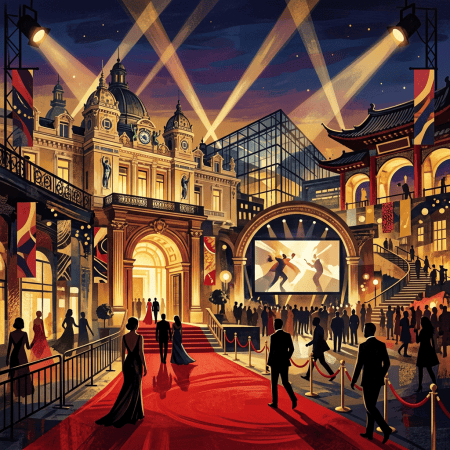 Crowd attending a cultural festival on a red carpet beneath spotlights