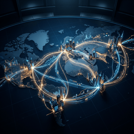 Glowing world map linking financial hubs labeled LSE, DAX, and HKEX