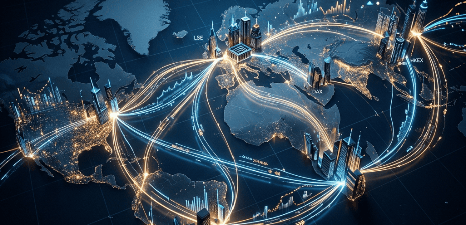 Glowing world map linking financial hubs labeled LSE, DAX, and HKEX