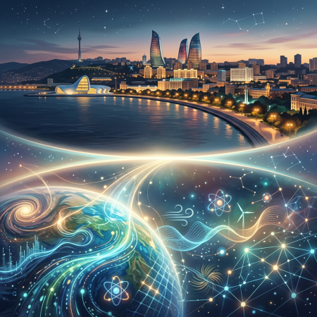 Baku waterfront skyline with Flame Towers above futuristic science illustrations