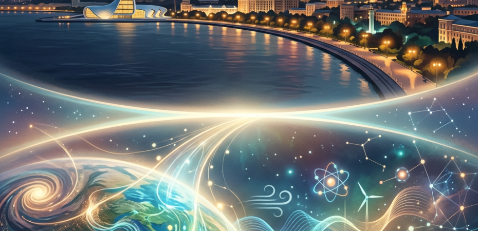 Baku waterfront skyline with Flame Towers above futuristic science illustrations
