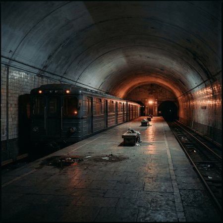 Vintage subway train stopped on a dimly lit underground platform