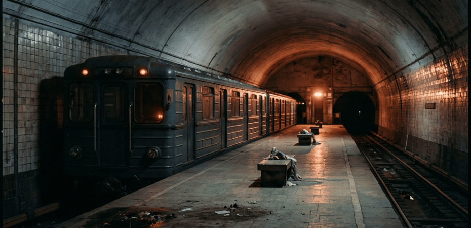 Vintage subway train stopped on a dimly lit underground platform