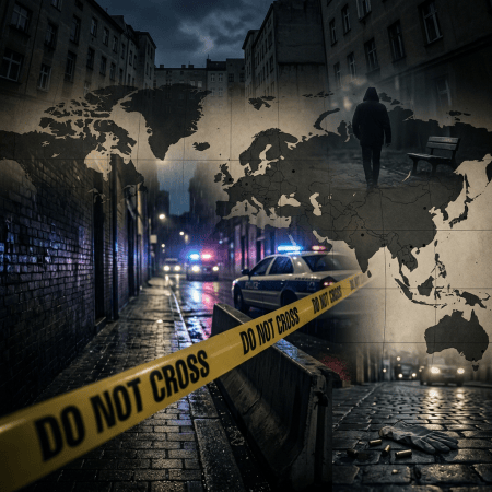 DO NOT CROSS tape, police cars, world map, hooded figure, and gloves