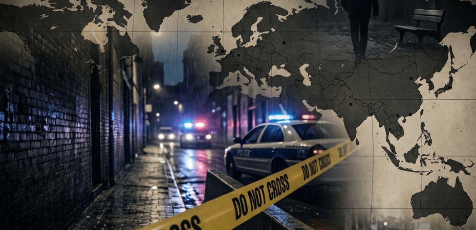 DO NOT CROSS tape, police cars, world map, hooded figure, and gloves