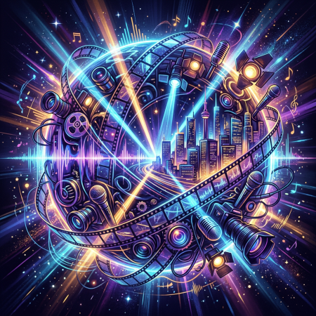 Film reels, cameras, microphones, music notes, and city skyline in colorful illustration