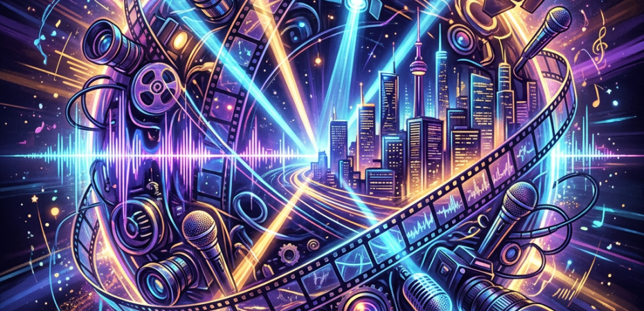 Film reels, cameras, microphones, music notes, and city skyline in colorful illustration