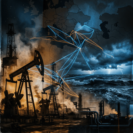 Oil pumps and refinery beneath a stormy map with glowing global energy routes
