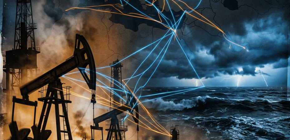 Oil pumps and refinery beneath a stormy map with glowing global energy routes