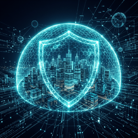 Glowing cybersecurity shield surrounding a digitally connected city