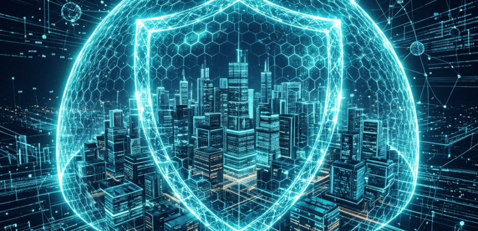 Glowing cybersecurity shield surrounding a digitally connected city