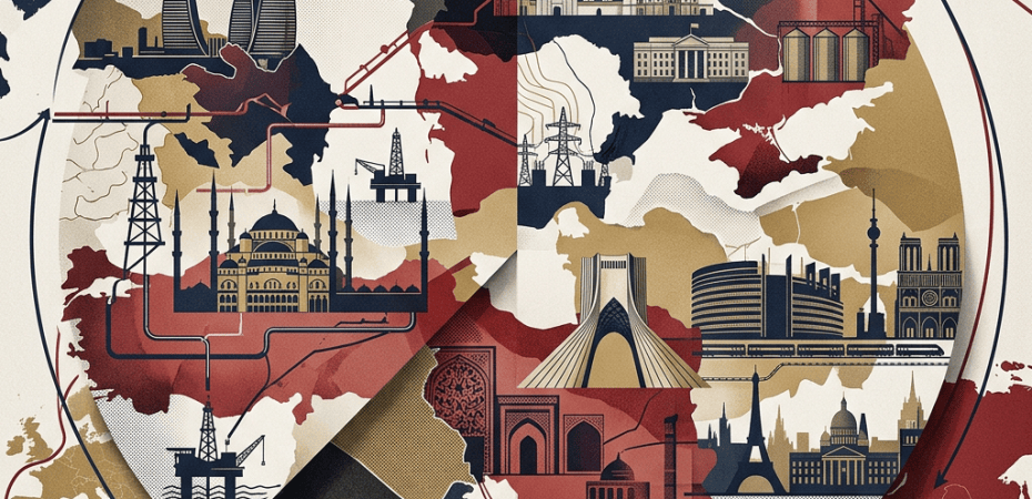 Stylized Eurasian map featuring landmarks, pipelines, power lines, and transport routes