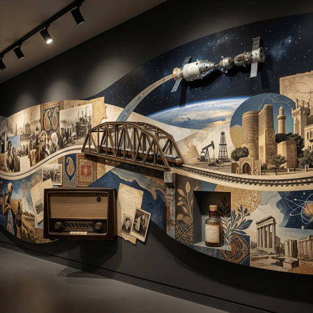 Museum exhibit with a model spacecraft, train bridge, historical artifacts, and cultural murals