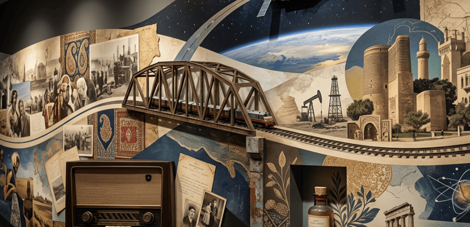 Museum exhibit with a model spacecraft, train bridge, historical artifacts, and cultural murals