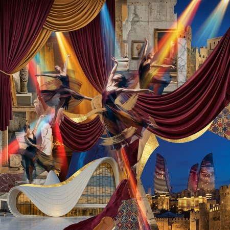 Dancers surrounded by curtains, historic architecture, and Baku skyline landmarks