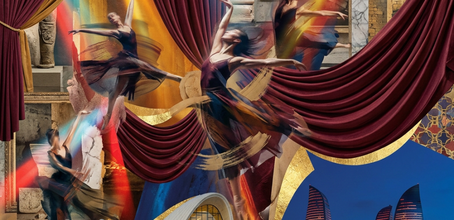 Dancers surrounded by curtains, historic architecture, and Baku skyline landmarks