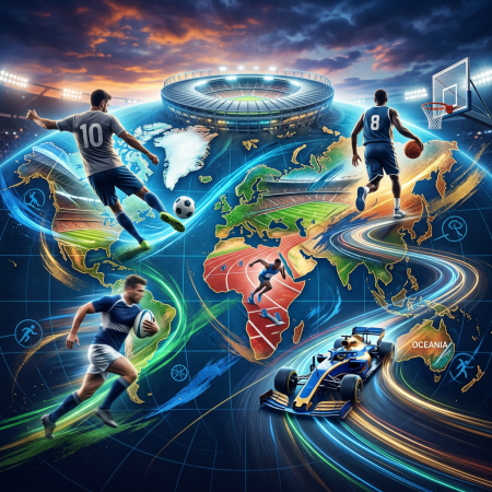 Athletes playing soccer, basketball, rugby, athletics, and racing across a world map