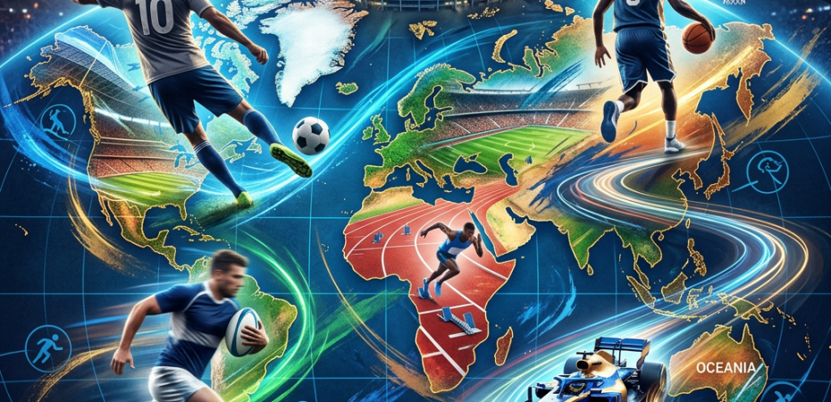 Athletes playing soccer, basketball, rugby, athletics, and racing across a world map