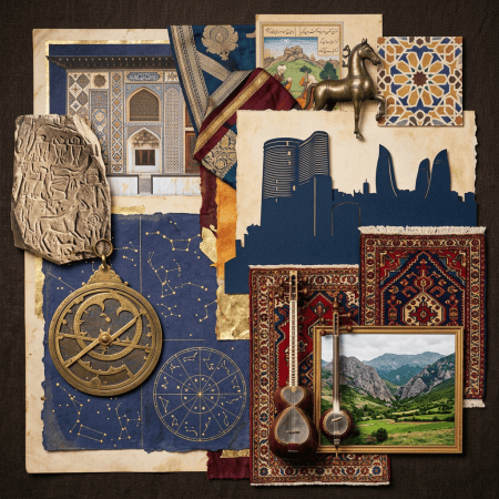 Collage of Persian art, textiles, artifacts, instruments, and mountain scenery