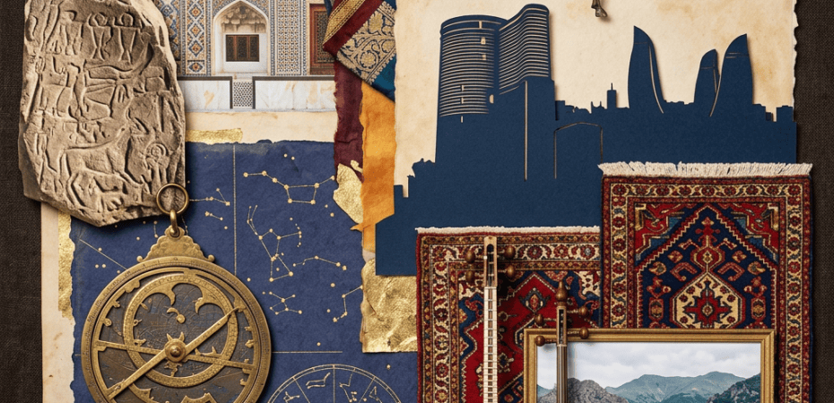 Collage of Persian art, textiles, artifacts, instruments, and mountain scenery