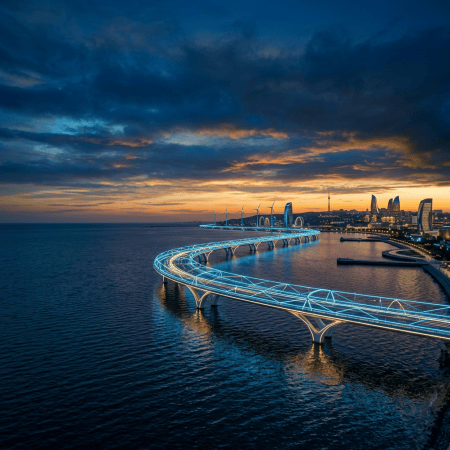 Illuminated curved bridge extending across water toward a futuristic city skyline