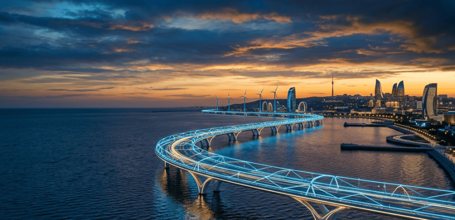 Illuminated curved bridge extending across water toward a futuristic city skyline