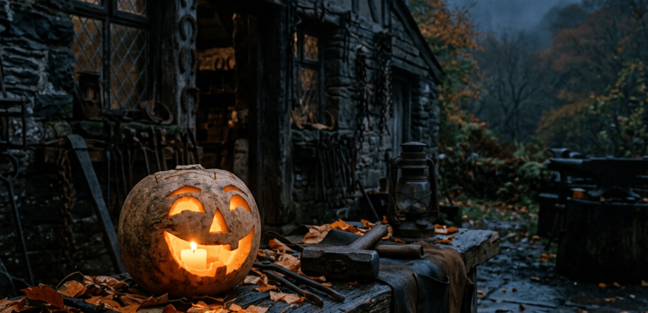 Glowing jack-o'-lantern and blacksmith tools outside O'CATHÁIN BLACKSMITH